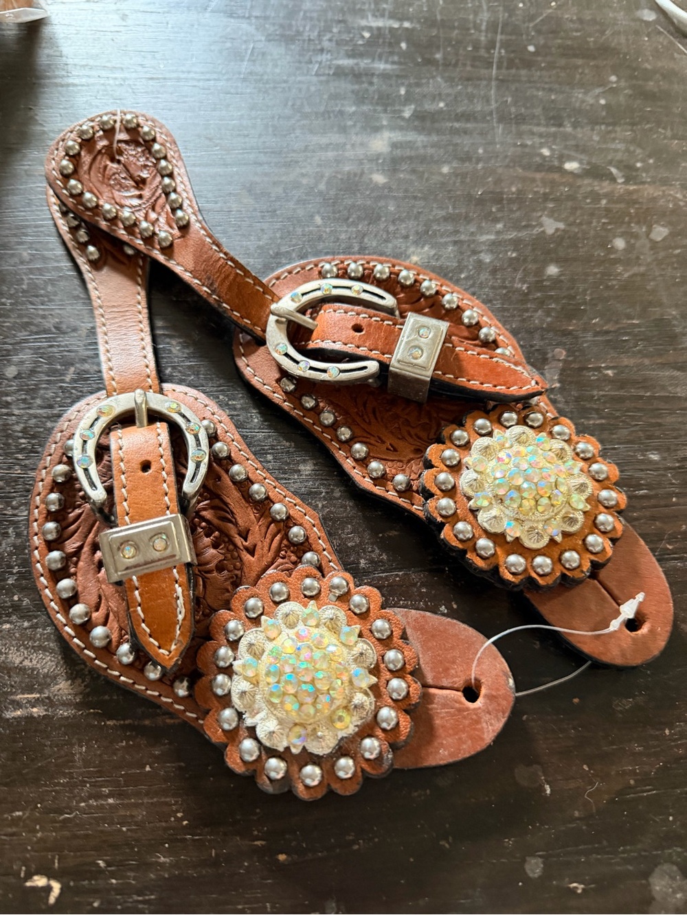 Medium  tooled leather western spur straps decorative Large ABS Rhinestones Stud